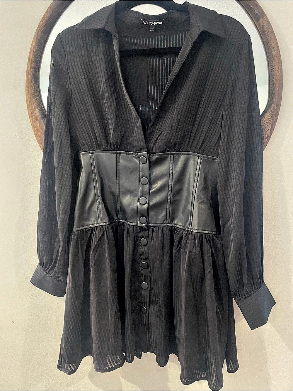 Fashion Nova Black Faux Leather Waist Mini Shirt Dress Size Medium